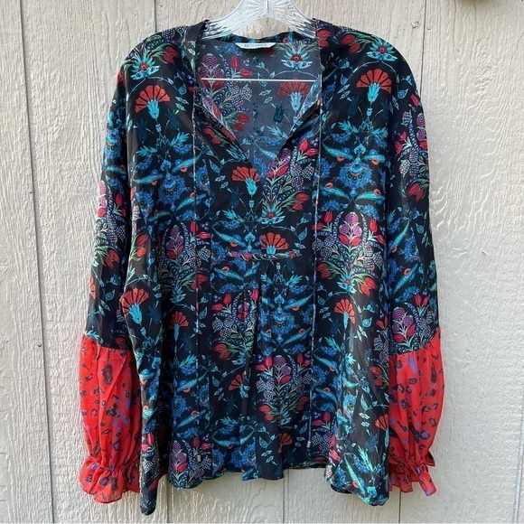 Benares Womens V-Neck Long Sleeve Sheer Floral Shirt XL - Picture 5 of 8